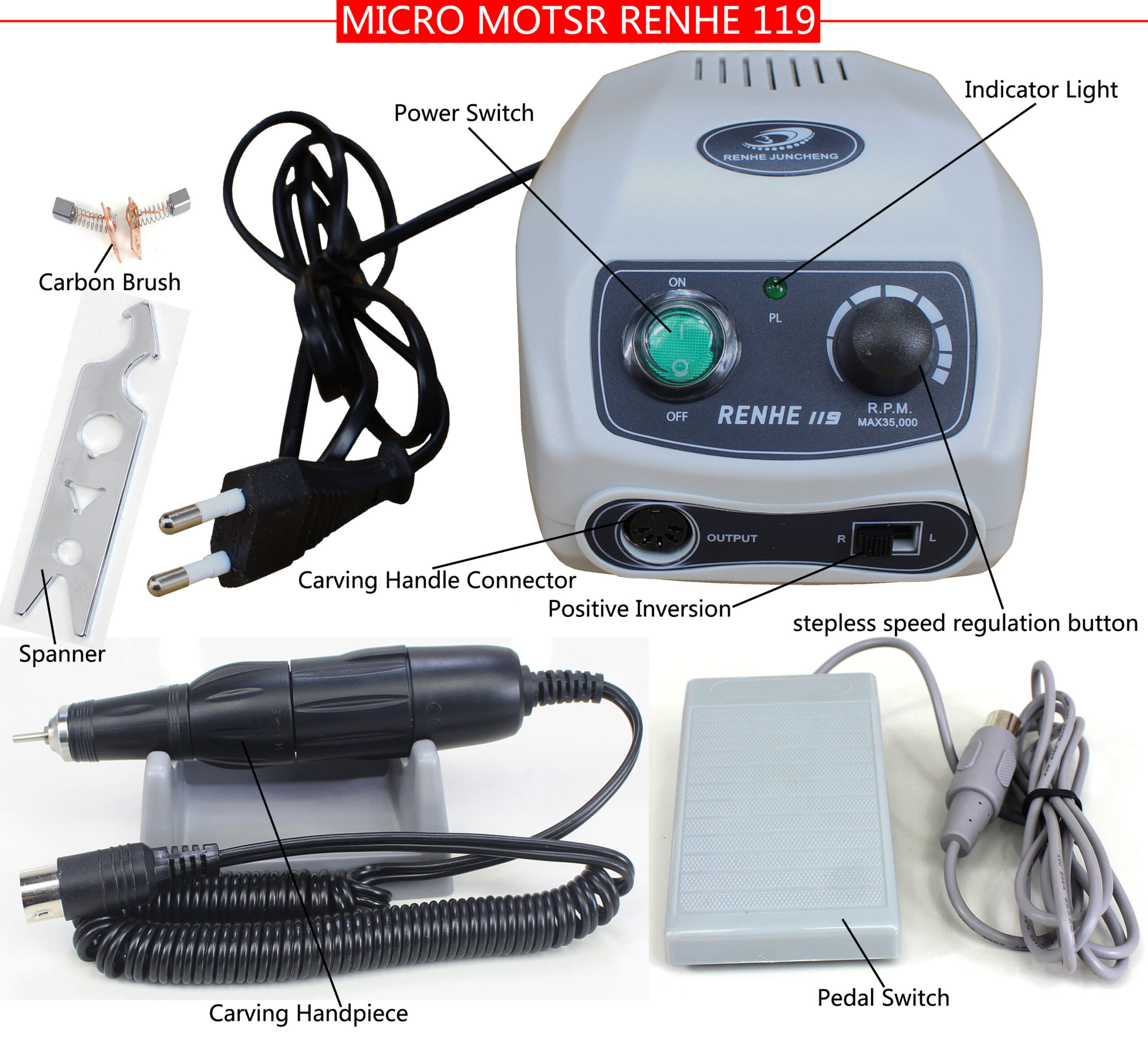 RENHE 119 35K RPM Electric Micromotor Dental Lab Micro Motor Handpiece Rotary Drill - Image 3